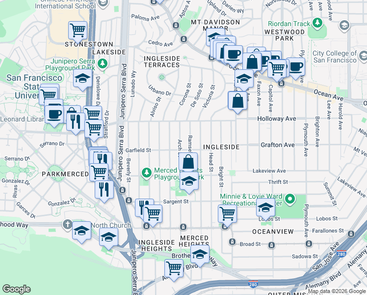 map of restaurants, bars, coffee shops, grocery stores, and more near 430 Garfield Street in San Francisco