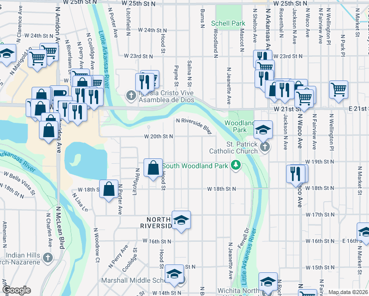 map of restaurants, bars, coffee shops, grocery stores, and more near 1023 West 20th Street North in Wichita