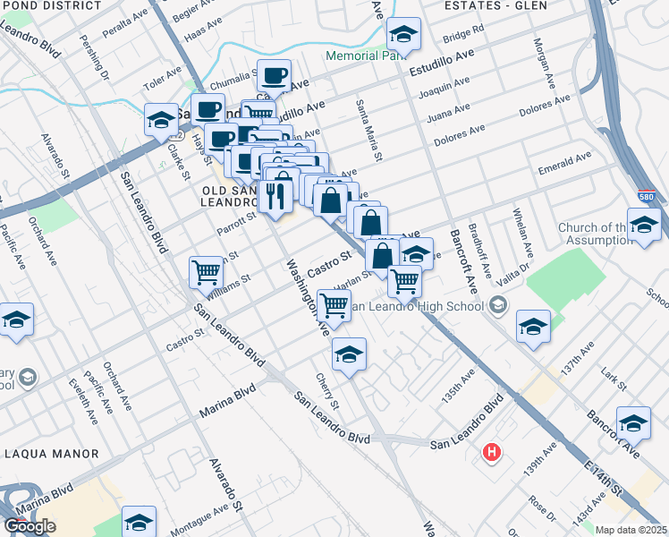 map of restaurants, bars, coffee shops, grocery stores, and more near 91 Castro Street in San Leandro