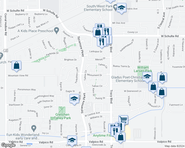 map of restaurants, bars, coffee shops, grocery stores, and more near 970 Alpine Way in Tracy
