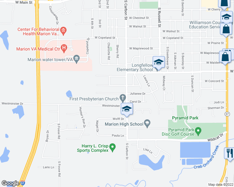 map of restaurants, bars, coffee shops, grocery stores, and more near 1807 Julianne Drive in Marion