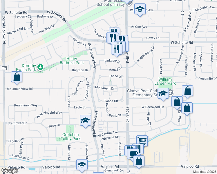 map of restaurants, bars, coffee shops, grocery stores, and more near 1460 Alpine Court in Tracy