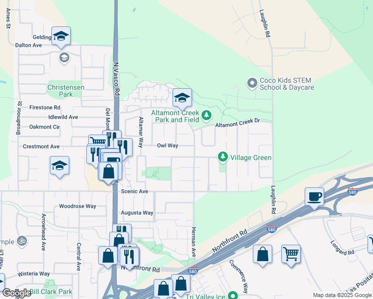 map of restaurants, bars, coffee shops, grocery stores, and more near 6488 Owl Way in Livermore
