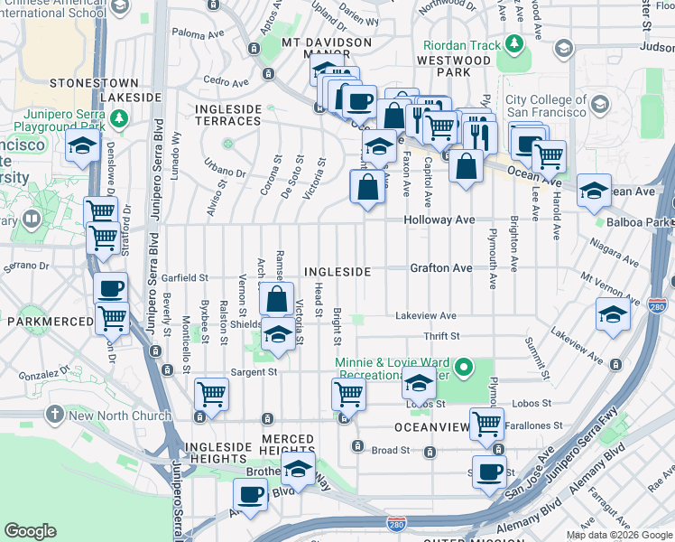 map of restaurants, bars, coffee shops, grocery stores, and more near Bright St & Garfield St in San Francisco