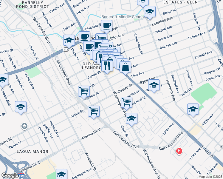 map of restaurants, bars, coffee shops, grocery stores, and more near 1775 Washington Avenue in San Leandro