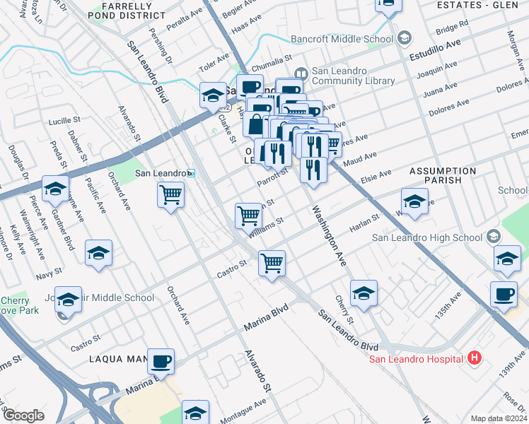map of restaurants, bars, coffee shops, grocery stores, and more near 1638 Carpentier Street in San Leandro