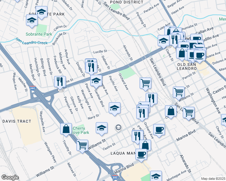 map of restaurants, bars, coffee shops, grocery stores, and more near 1350 Pacific Avenue in San Leandro