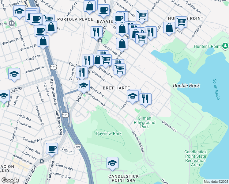 map of restaurants, bars, coffee shops, grocery stores, and more near 1225 Gilman Avenue in San Francisco