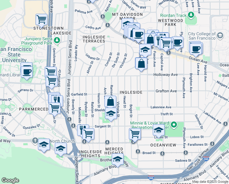 map of restaurants, bars, coffee shops, grocery stores, and more near 540 Ramsell Street in San Francisco