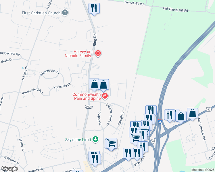 map of restaurants, bars, coffee shops, grocery stores, and more near 1107 Northridge Drive in Elizabethtown