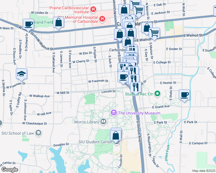 map of restaurants, bars, coffee shops, grocery stores, and more near 403 West Freeman Street in Carbondale