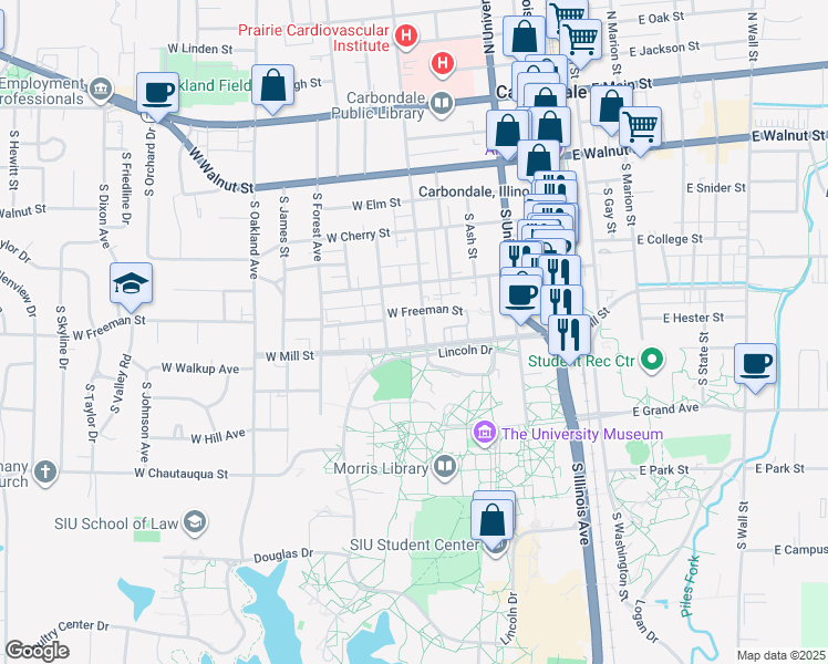 map of restaurants, bars, coffee shops, grocery stores, and more near 700 South Poplar Street in Carbondale