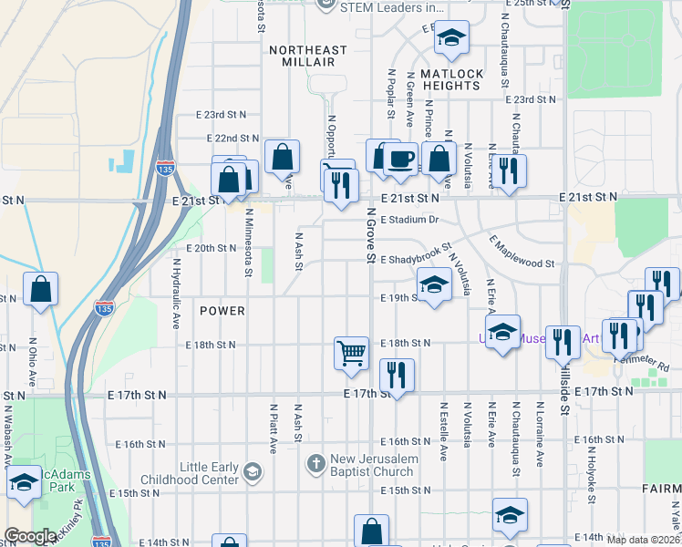 map of restaurants, bars, coffee shops, grocery stores, and more near 2224 East Shadybrook Street in Wichita