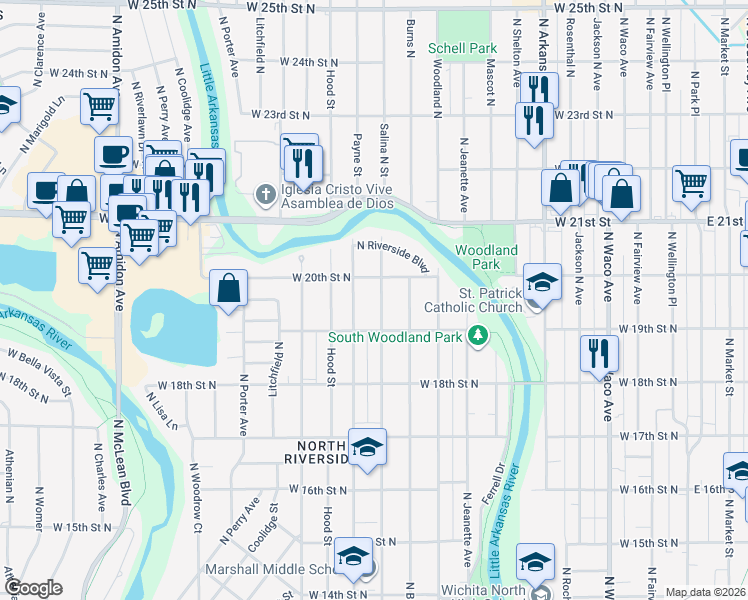 map of restaurants, bars, coffee shops, grocery stores, and more near 1023 West 20th Street North in Wichita