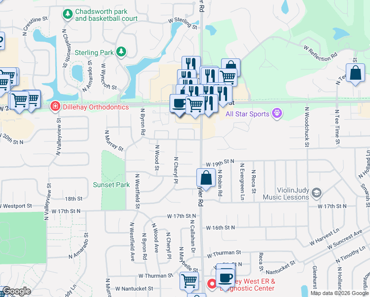 map of restaurants, bars, coffee shops, grocery stores, and more near 8911 West Westlawn Street in Wichita