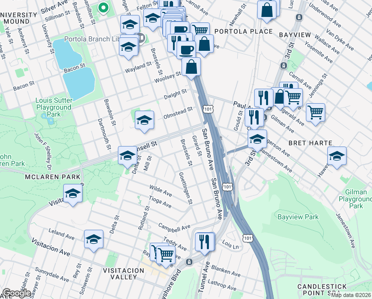 map of restaurants, bars, coffee shops, grocery stores, and more near Brussels Street & Ordway Street in San Francisco