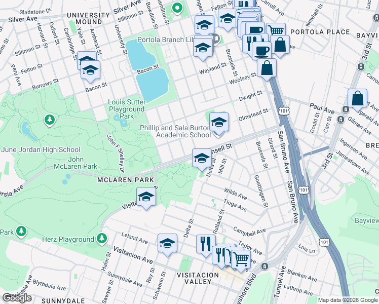 map of restaurants, bars, coffee shops, grocery stores, and more near 2 Mansell Street in San Francisco