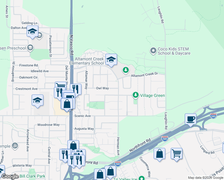 map of restaurants, bars, coffee shops, grocery stores, and more near 6433 Owl Way in Livermore