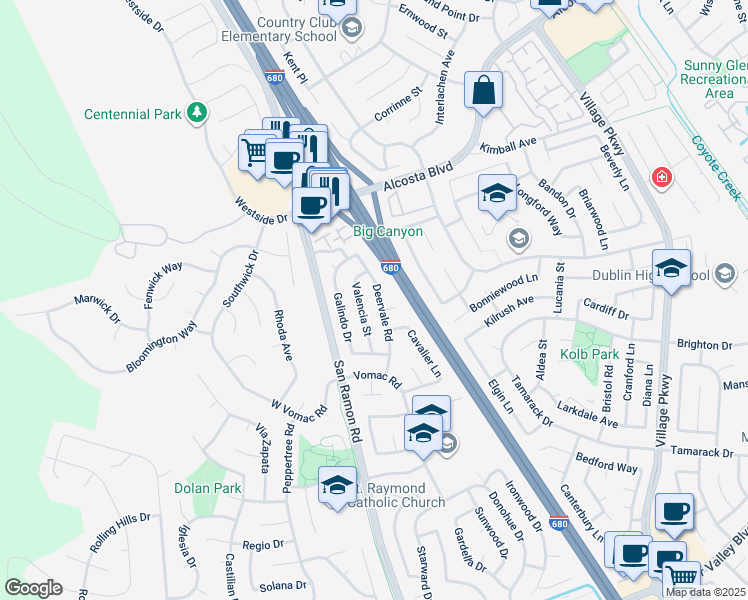 map of restaurants, bars, coffee shops, grocery stores, and more near 8578 Deervale Road in Dublin