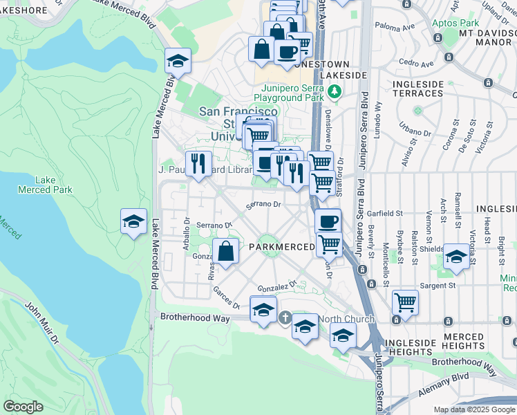 map of restaurants, bars, coffee shops, grocery stores, and more near 155 Serrano Drive in San Francisco