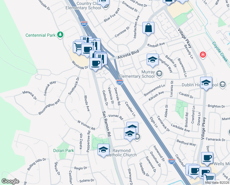 map of restaurants, bars, coffee shops, grocery stores, and more near 8644 Deervale Road in Dublin