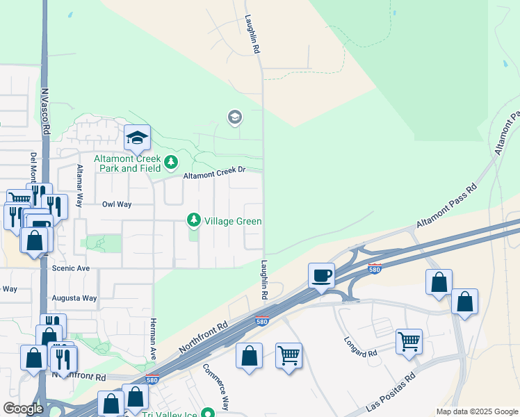 map of restaurants, bars, coffee shops, grocery stores, and more near 6997 Foxtail Drive in Livermore