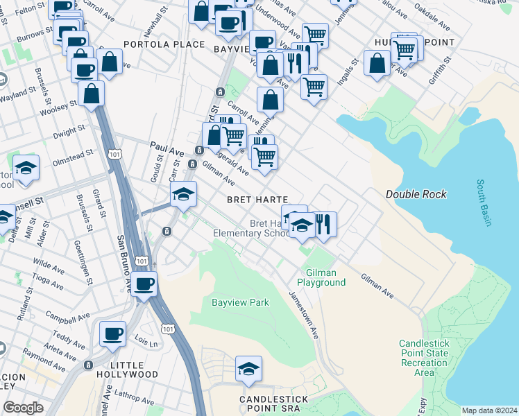 map of restaurants, bars, coffee shops, grocery stores, and more near 1183 Gilman Avenue in San Francisco