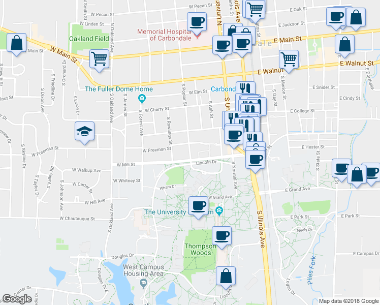 map of restaurants, bars, coffee shops, grocery stores, and more near 707 South Poplar Street in Carbondale