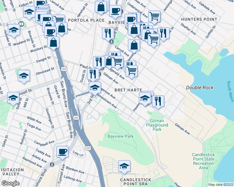 map of restaurants, bars, coffee shops, grocery stores, and more near 1173 Hollister Avenue in San Francisco