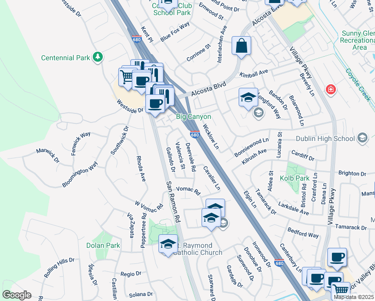 map of restaurants, bars, coffee shops, grocery stores, and more near 8578 Deervale Road in Dublin