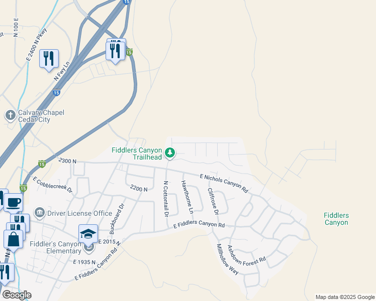 map of restaurants, bars, coffee shops, grocery stores, and more near 865 East La Croix Circle in Cedar City