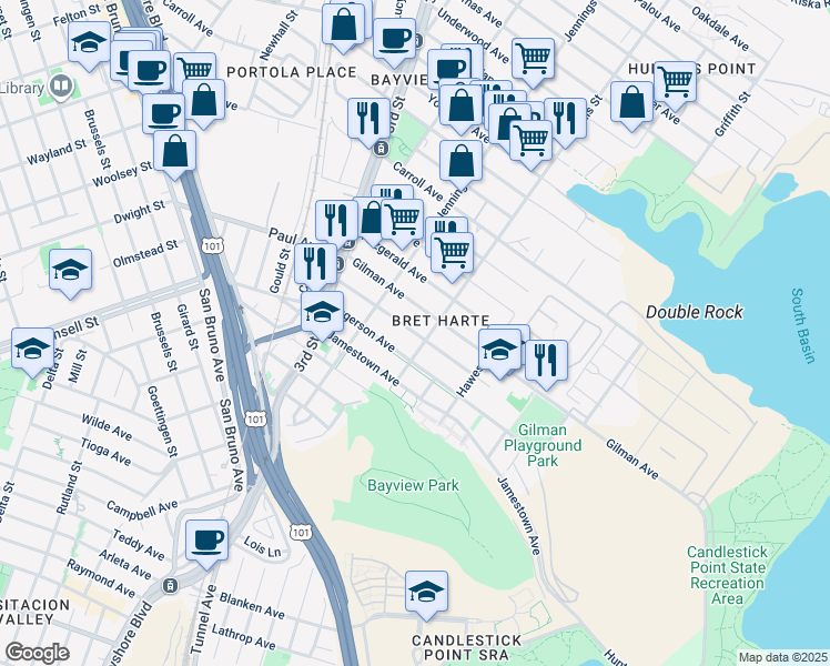 map of restaurants, bars, coffee shops, grocery stores, and more near Hollister Avenue in San Francisco