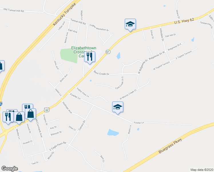 map of restaurants, bars, coffee shops, grocery stores, and more near 219 Cold Creek Court South in Elizabethtown