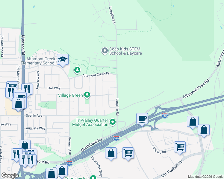map of restaurants, bars, coffee shops, grocery stores, and more near 6953 Foxtail Drive in Livermore