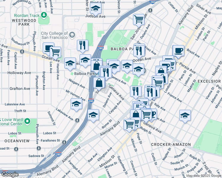 map of restaurants, bars, coffee shops, grocery stores, and more near 650 Delano Avenue in San Francisco