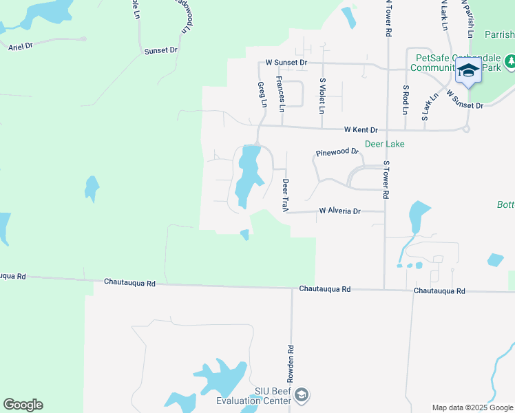 map of restaurants, bars, coffee shops, grocery stores, and more near 605 South Deer Lake Drive East in Carbondale