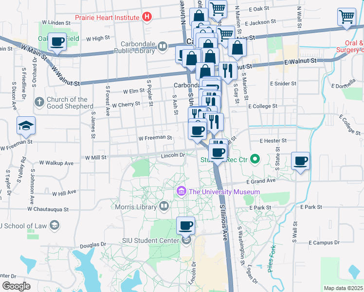 map of restaurants, bars, coffee shops, grocery stores, and more near 306 West Mill Street in Carbondale