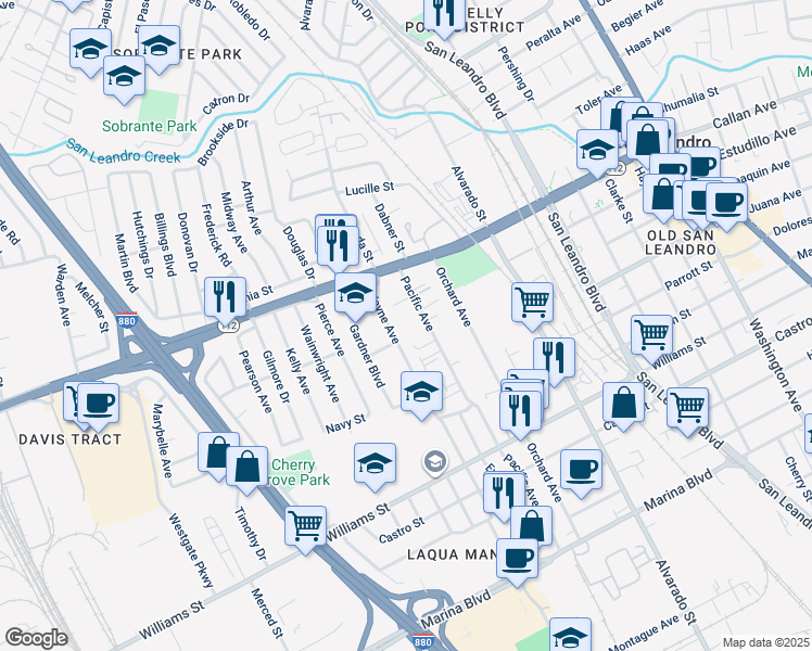 map of restaurants, bars, coffee shops, grocery stores, and more near 1332 Wayne Avenue in San Leandro