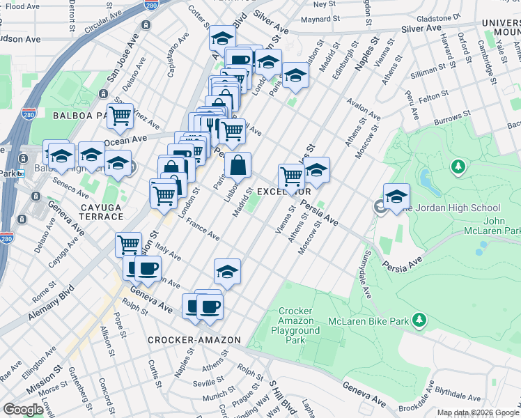 map of restaurants, bars, coffee shops, grocery stores, and more near 579 Madrid Street in San Francisco