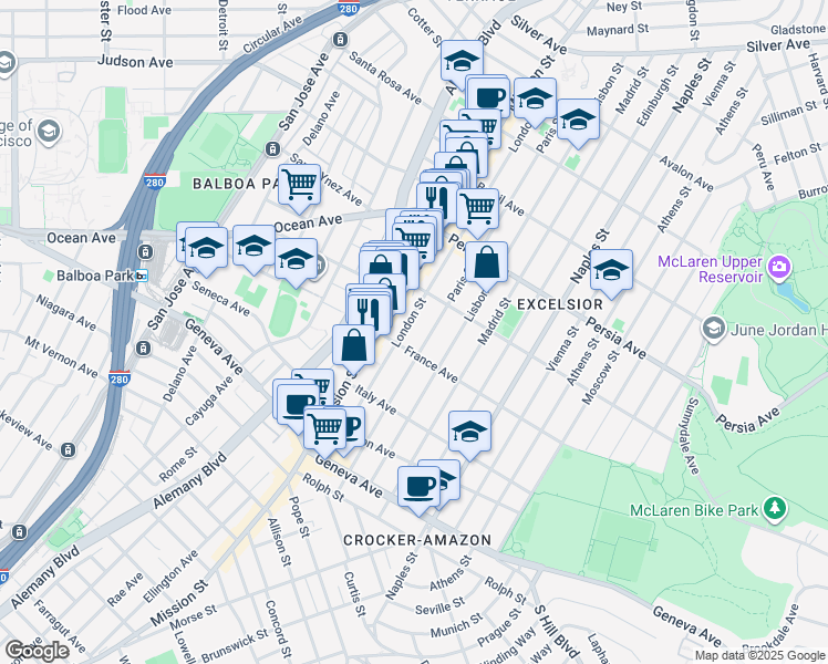 map of restaurants, bars, coffee shops, grocery stores, and more near 4859 Mission Street in San Francisco