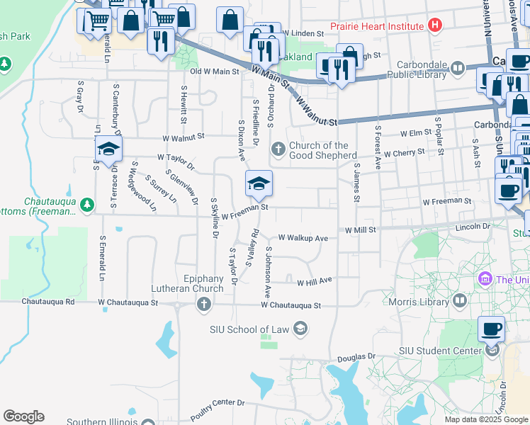 map of restaurants, bars, coffee shops, grocery stores, and more near 1214-1216 West Freeman Street in Carbondale