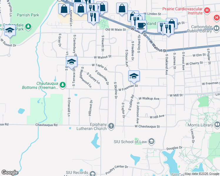 map of restaurants, bars, coffee shops, grocery stores, and more near 624 South Glenview Drive in Carbondale