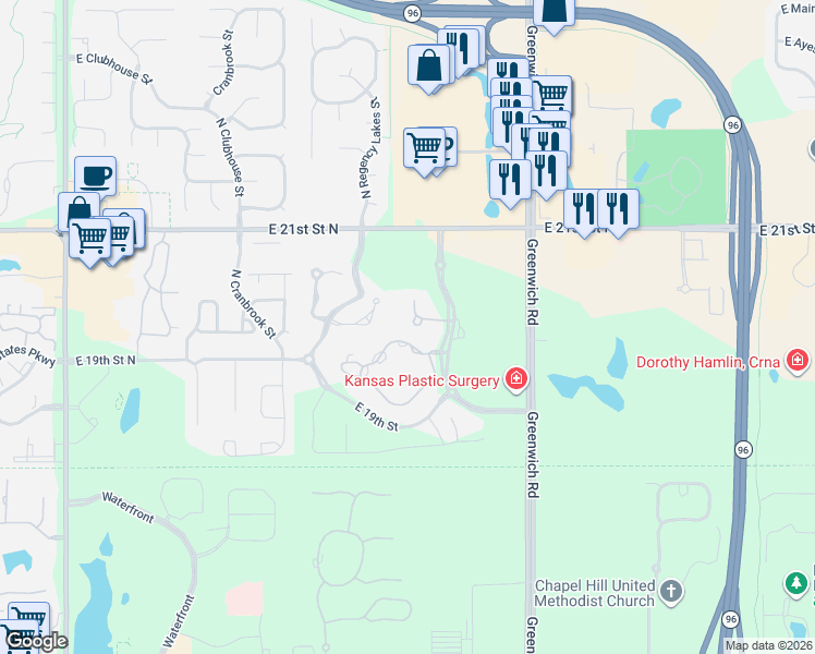 map of restaurants, bars, coffee shops, grocery stores, and more near 10829 East Glengate Circle in Wichita