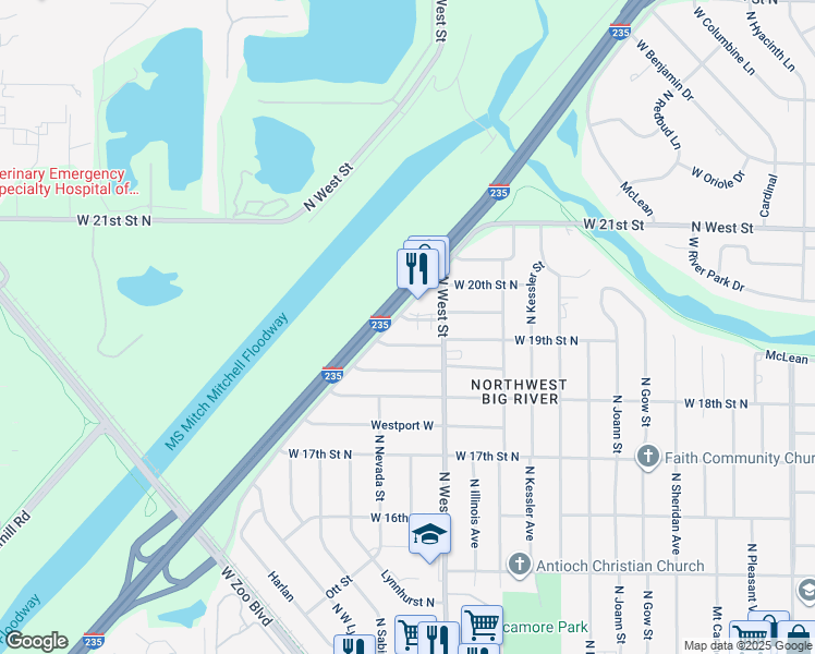 map of restaurants, bars, coffee shops, grocery stores, and more near 2059 North West Street in Wichita