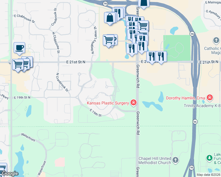 map of restaurants, bars, coffee shops, grocery stores, and more near 10829 East Glengate Circle in Wichita