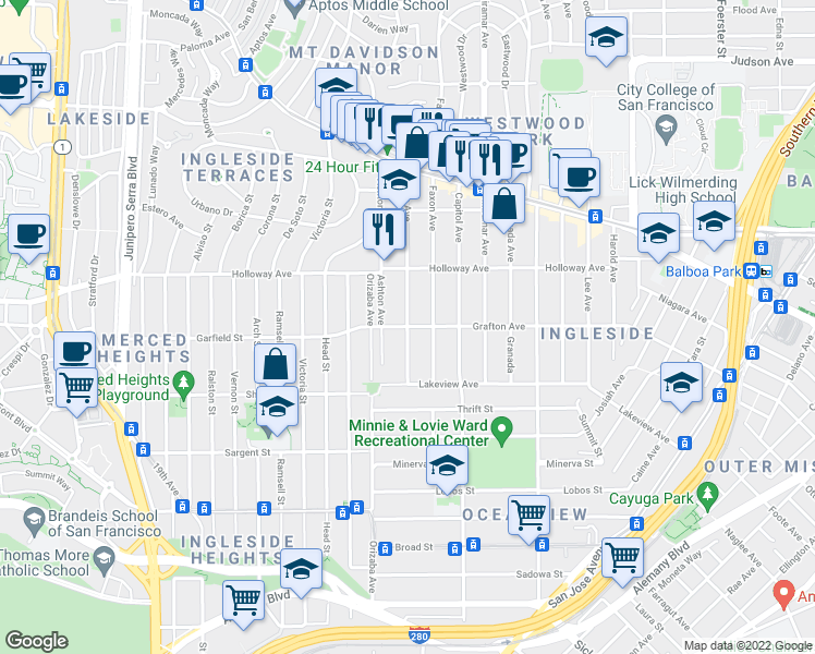 map of restaurants, bars, coffee shops, grocery stores, and more near Grafton Avenue & Jules Avenue in San Francisco