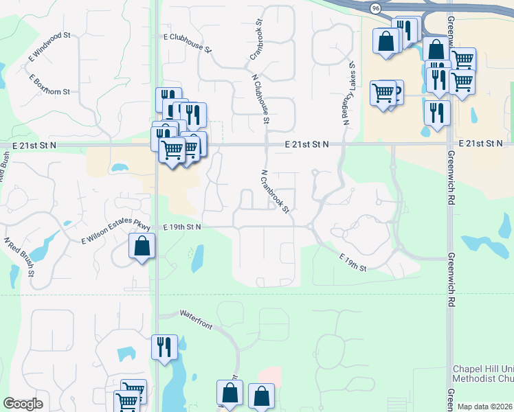 map of restaurants, bars, coffee shops, grocery stores, and more near 10124 E Shadybrook St in Wichita