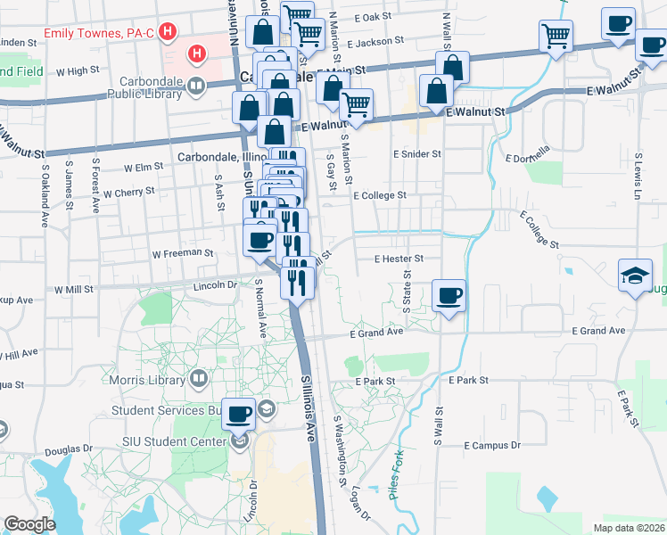 map of restaurants, bars, coffee shops, grocery stores, and more near 613 South Washington Street in Carbondale