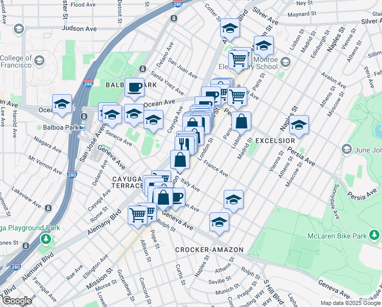 map of restaurants, bars, coffee shops, grocery stores, and more near 2 France Avenue in San Francisco