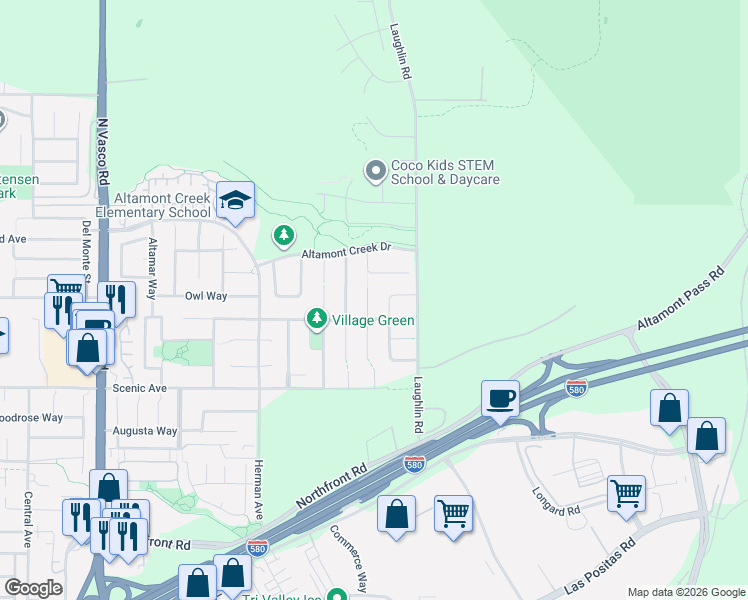 map of restaurants, bars, coffee shops, grocery stores, and more near 1398 Fairbrook Court in Livermore